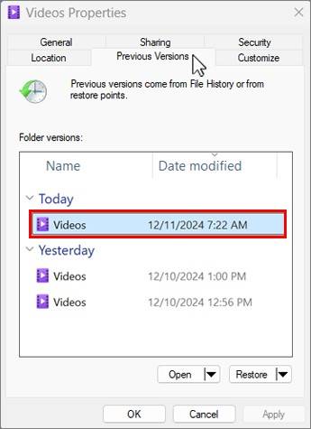 restore video from file history