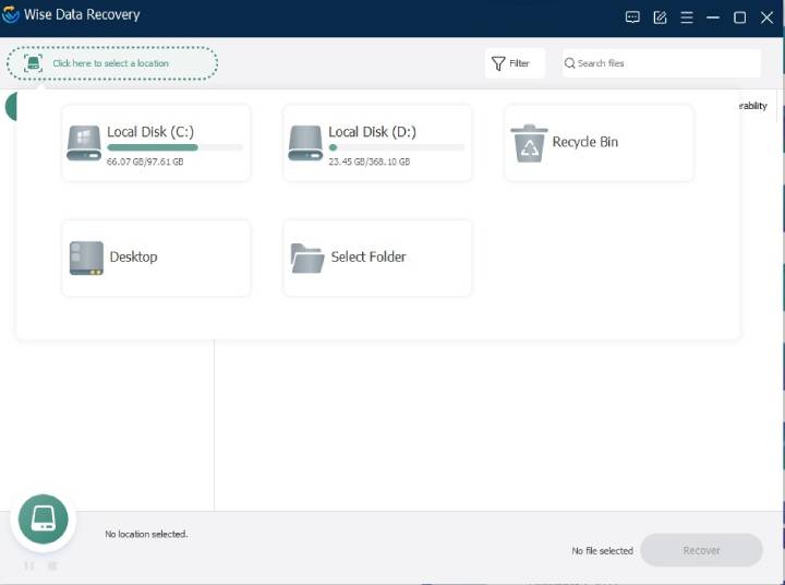 select location in Wise Data Recovery