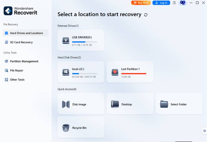 wondershare data recovery software interface