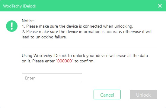 WooTechy iDelock confirmation prompt asking for 000000 before unlocking