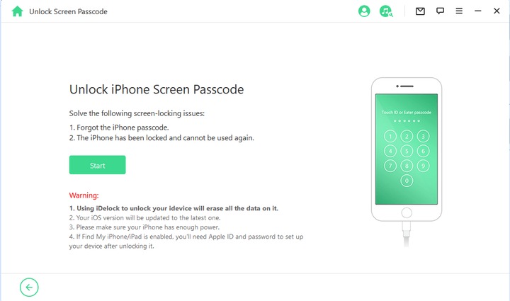WooTechy iDelock screen passcode unlock page with the Start button