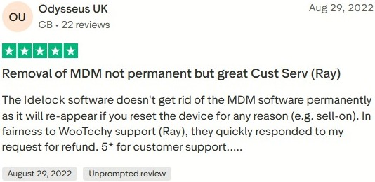 Trustpilot review discussing WooTechy iDelock MDM removal