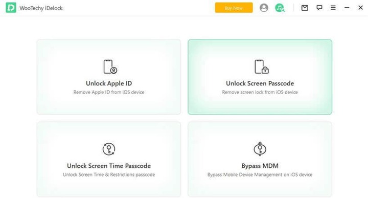 WooTechy iDelock main screen with Unlock Screen Passcode selected