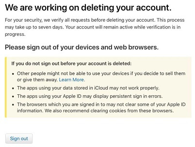 sign out when working on deleting Apple ID account